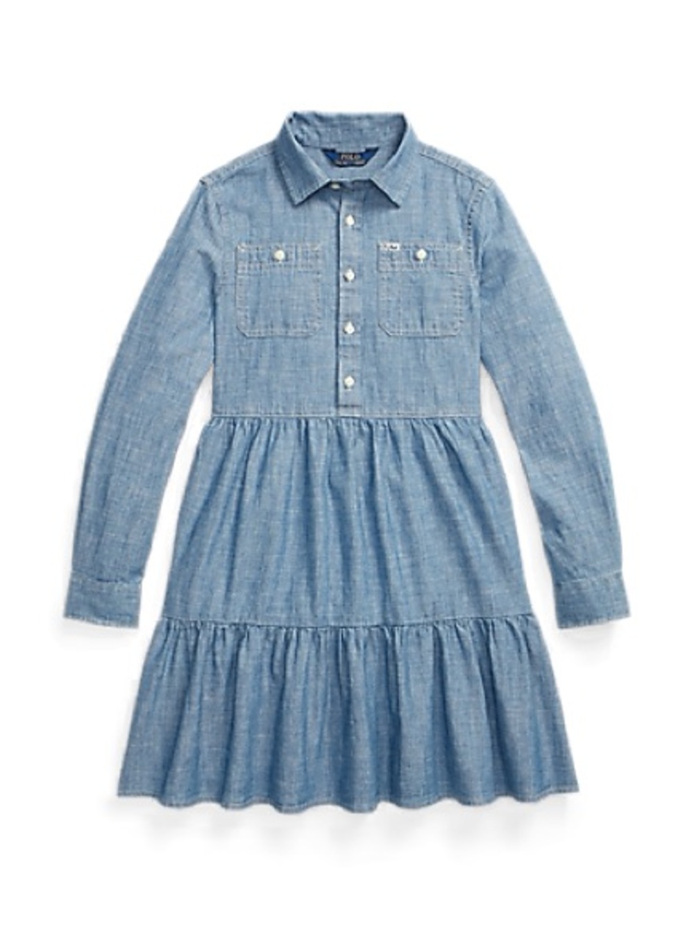 Ralph Lauren Girls' Light Denim Chambray Tiered Shirt Dress